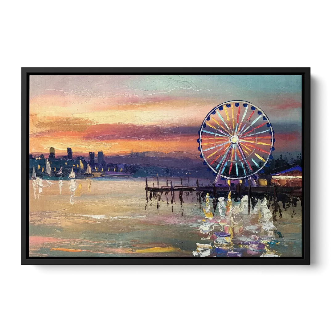 Seattle Harbor With Ferris Wheel - Black Frame Canvas