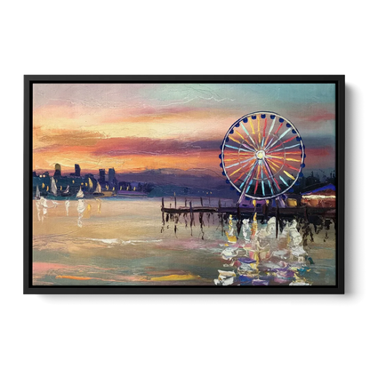 Seattle Harbor With Ferris Wheel - Black Frame Canvas