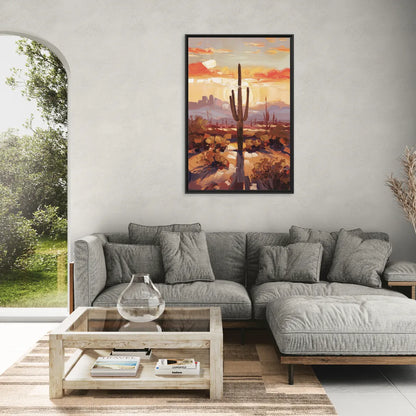 Phoenix Cactus Silhouette - Living Room Black Frame Canvas