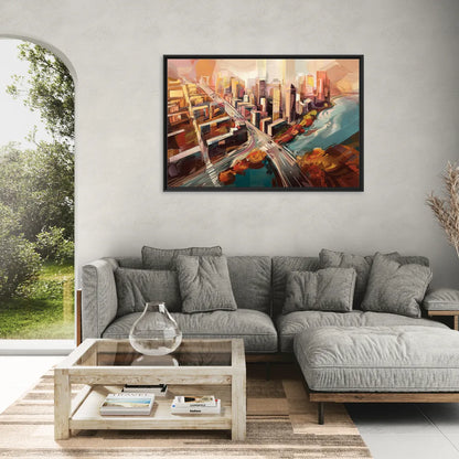 Boston City Streets Aerial View - Living Room Black Frame Canvas