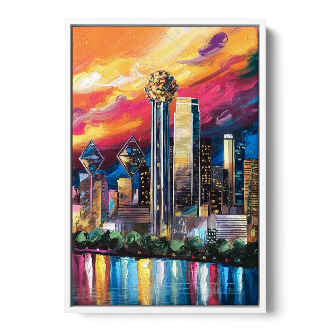 Dallas Skyline at Sunset - White Frame Canvas