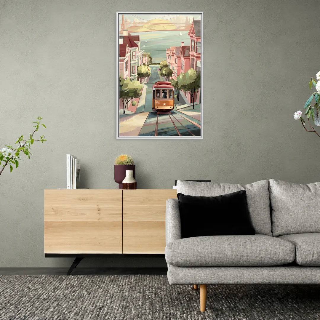 San Francisco Streetcar Charm - Living Room White Frame Canvas