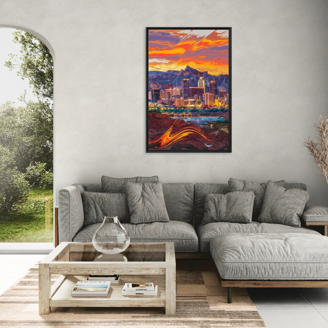 Phoenix Vibrant City Life - Living Room Black Frame Canvas