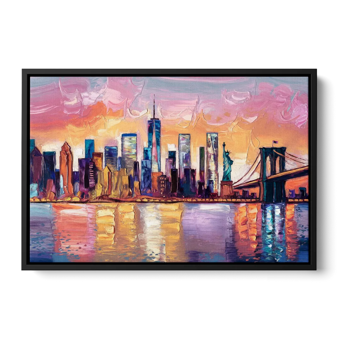 New York City Artistic Watercolor View - Black Frame Canvas