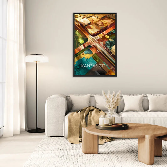 Kansas City Aerial View - Living Room Black Frame Canvas