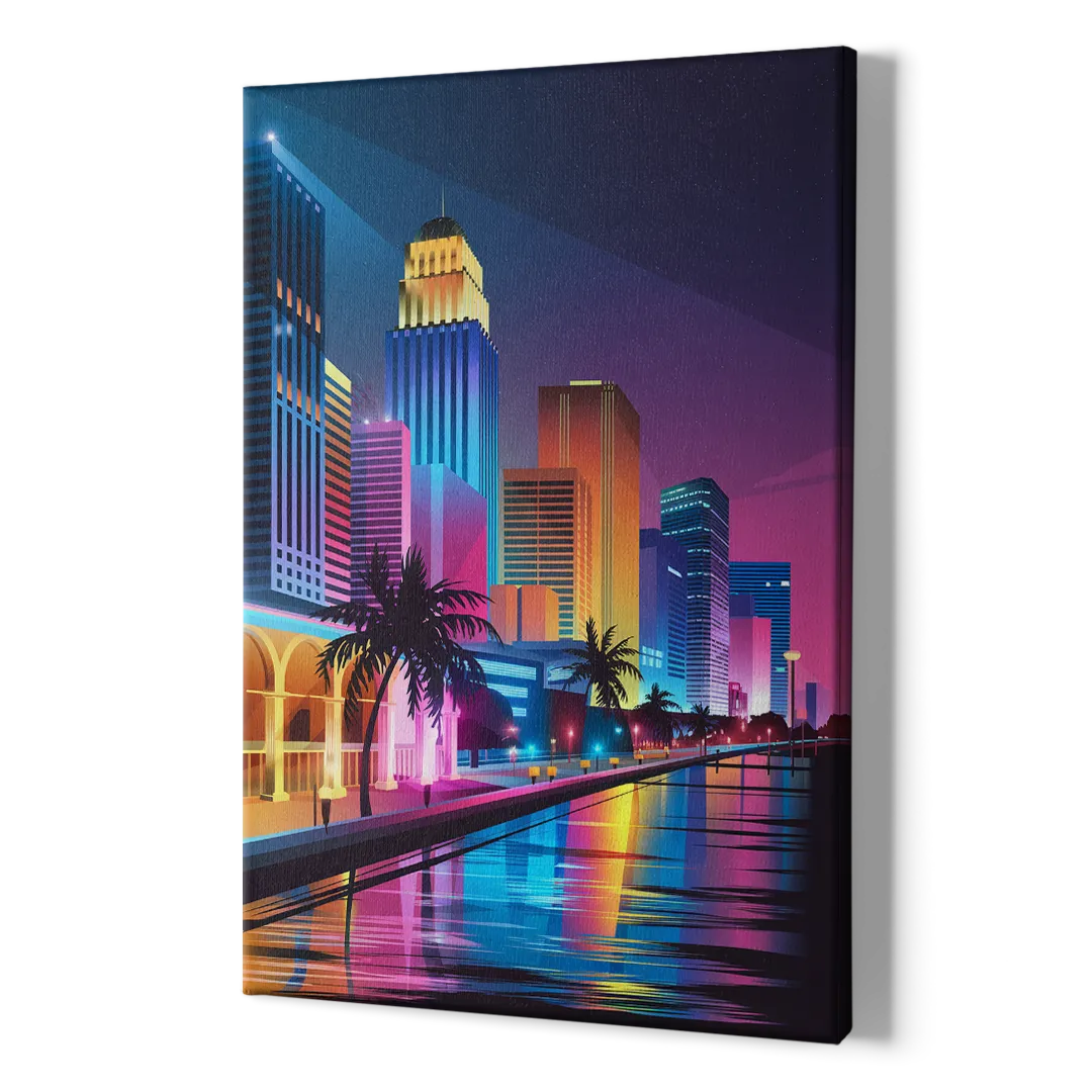 Miami Cityscape by Night - Canvas Print Art Sides