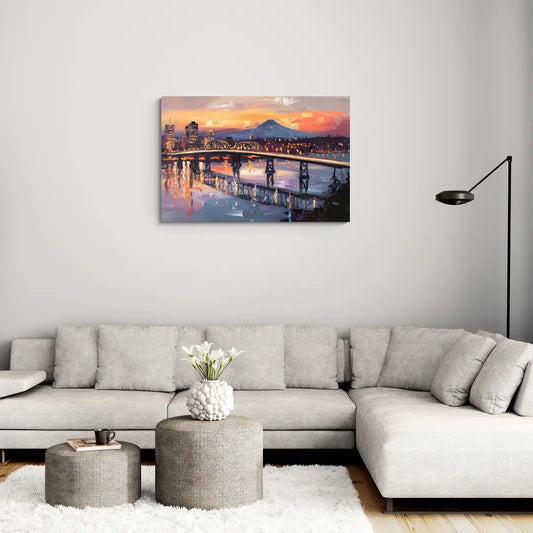 Portland Cityscape At Dusk - Canvas Wall Art Living Room