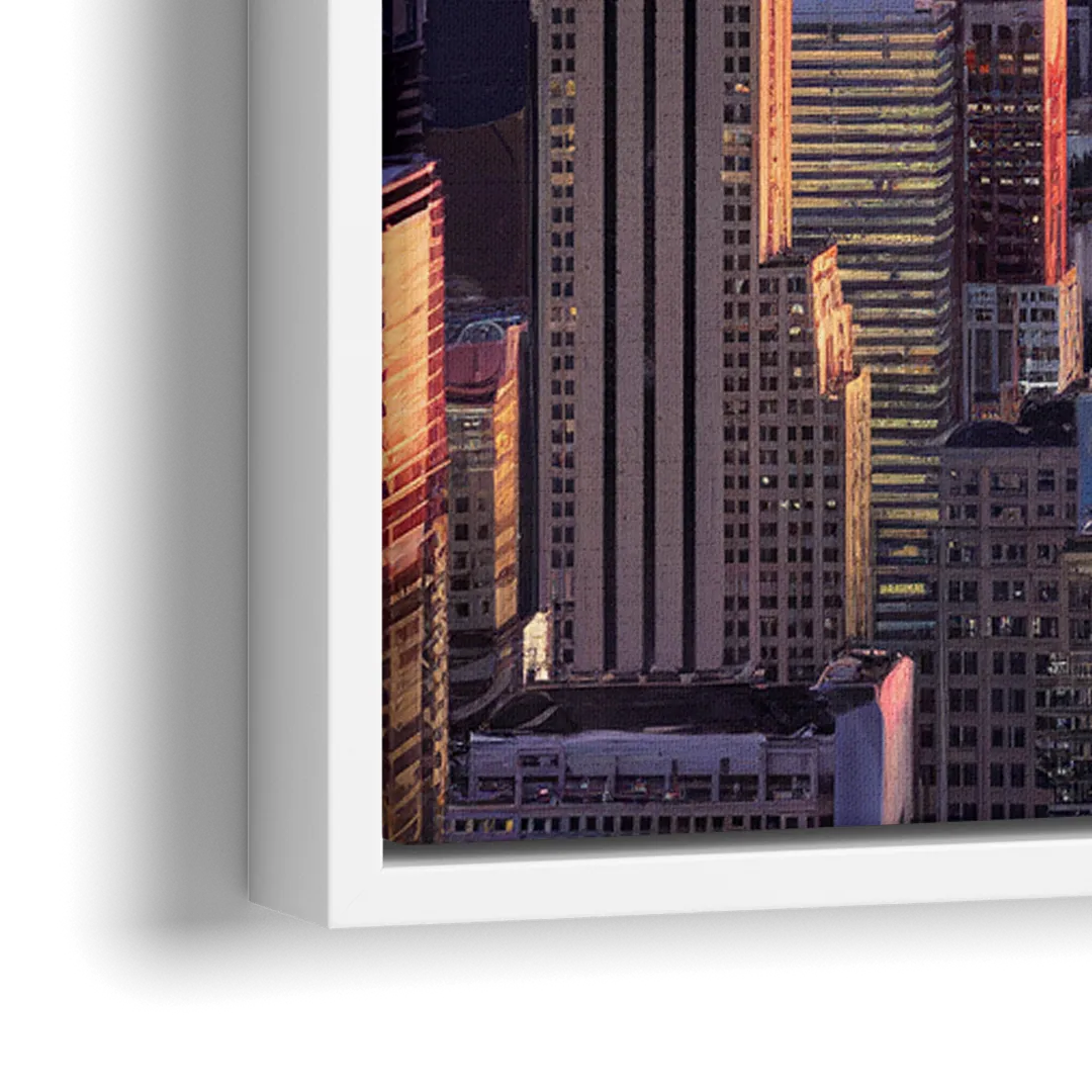 New York City Sunset Over Skyline - Close-Up White Frame Canvas