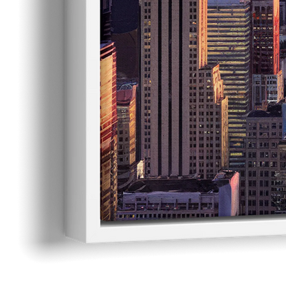 New York City Sunset Over Skyline - Close-Up White Frame Canvas