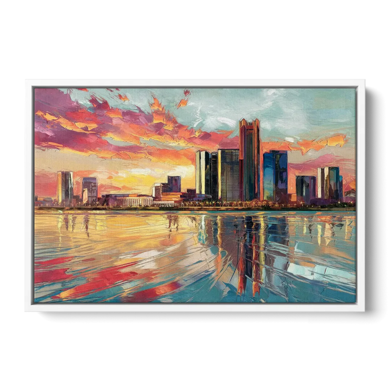 Detroit Skyline At Sunset - White Frame Canvas