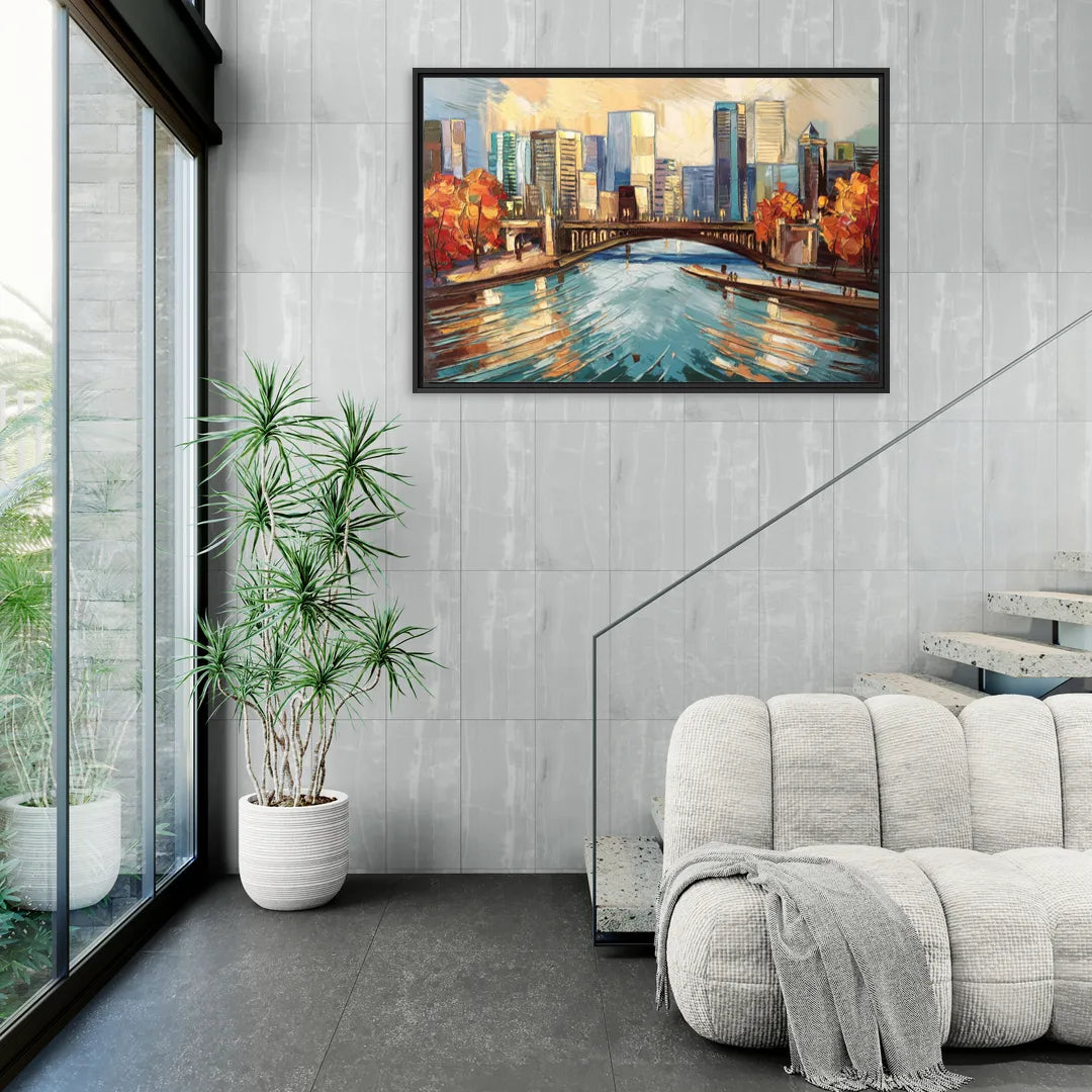 Grand Rapids Urban River Views - Living Room Black Frame Canvas