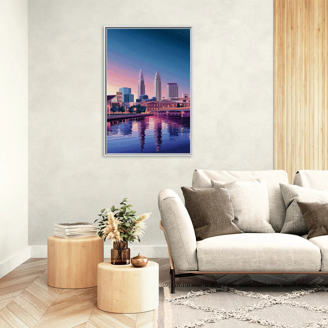Cleveland Ohio Skyline Silhouette - Living Room White Frame Canvas