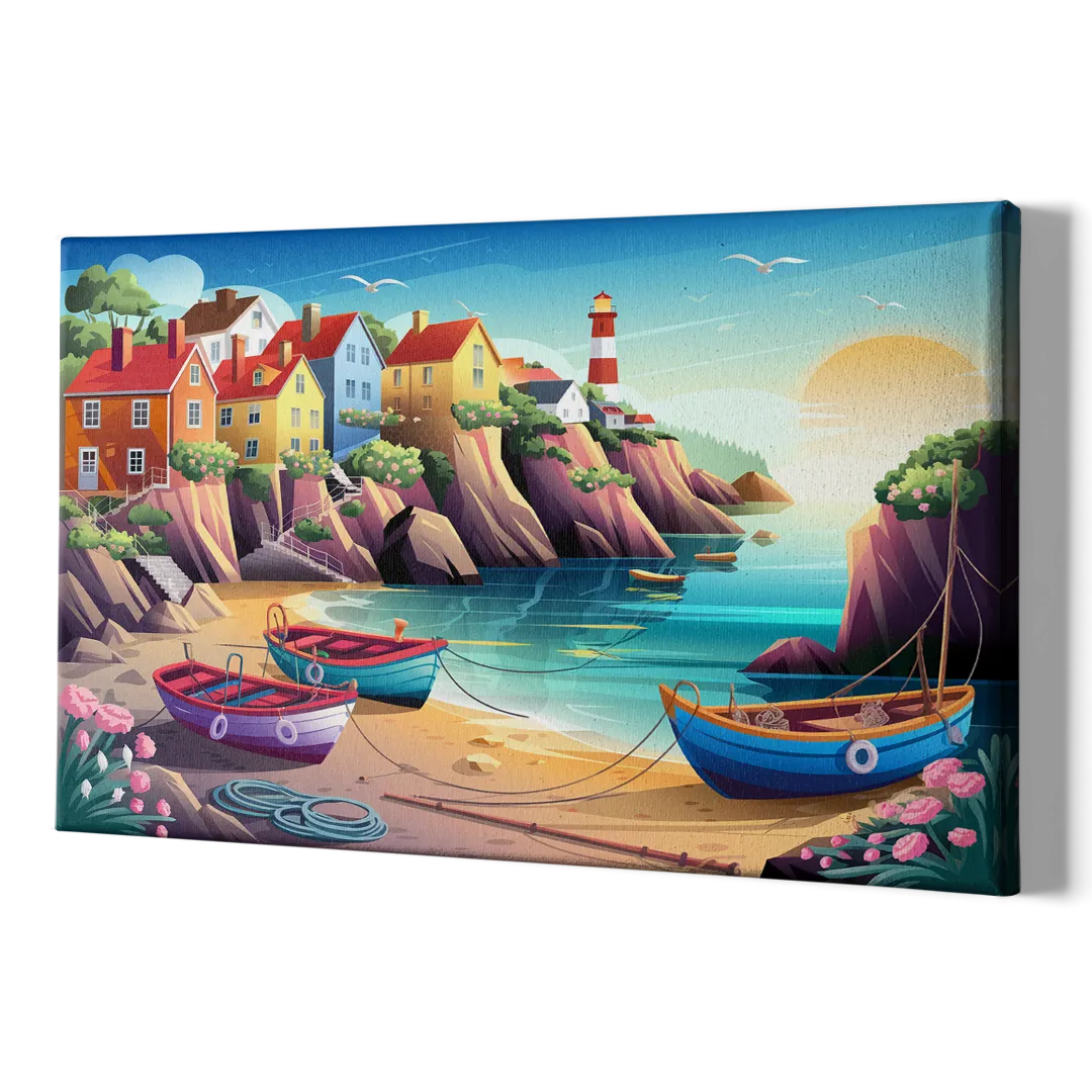 Seaside Fishing Village - Canvas Print Art Sides