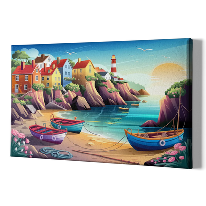Seaside Fishing Village - Canvas Print Art Sides