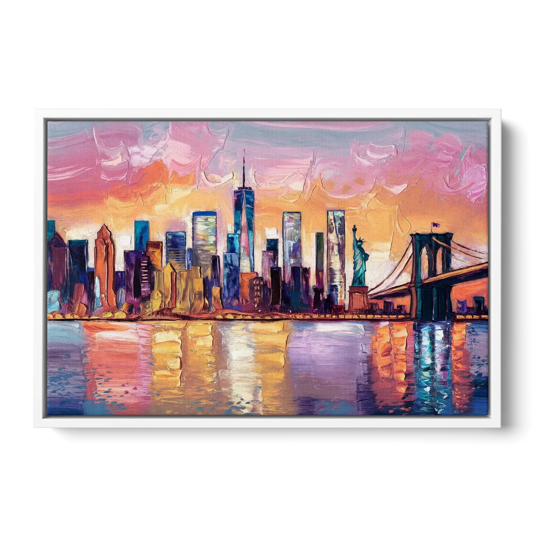 New York City Artistic Watercolor View - White Frame Canvas