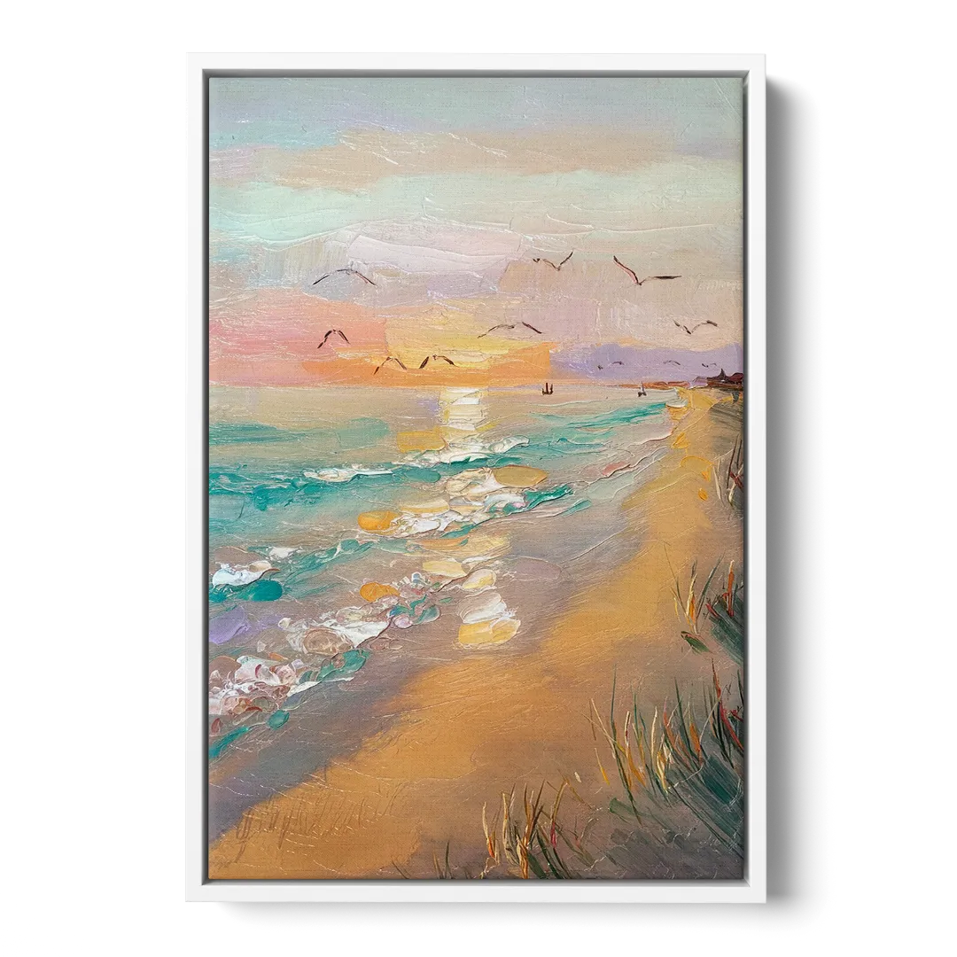 Galveston Beach Sunrise - White Frame Canvas