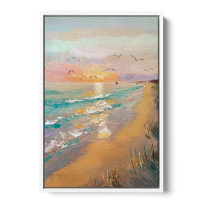 Galveston Beach Sunrise - White Frame Canvas