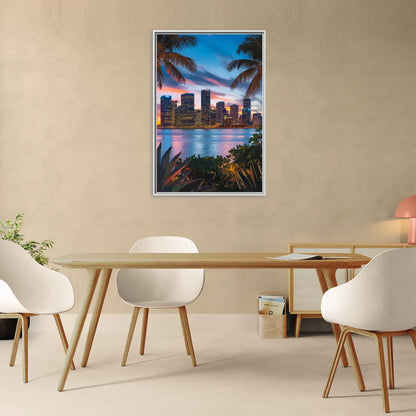 Miami Waterfront Skyline - Living Room White Frame Canvas