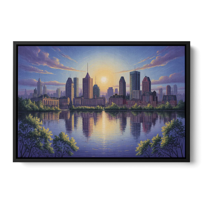 Montreal Skyline Reflections - Black Frame Canvas