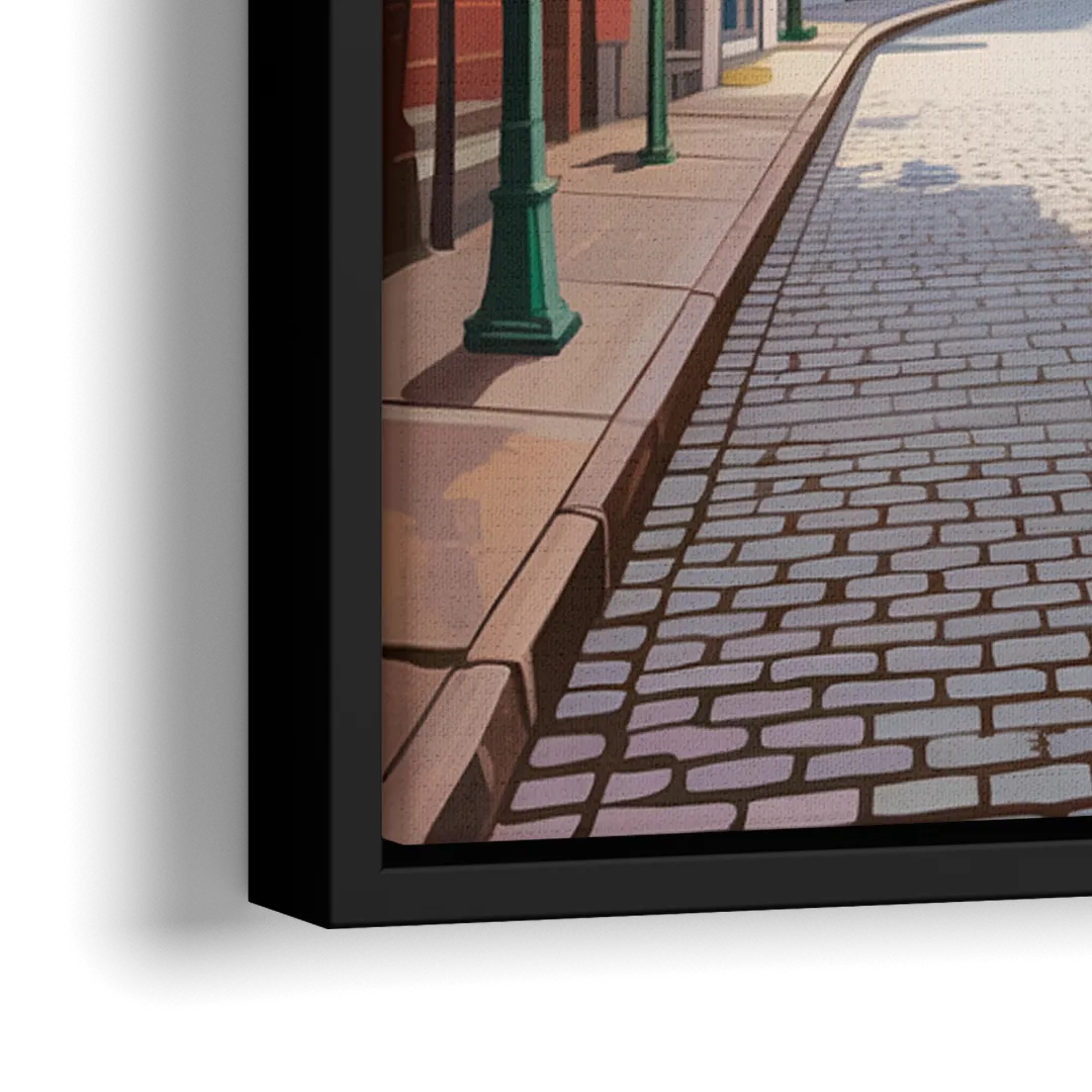 Quebec City Cobblestone Road - Close-Up Black Frame Canvas