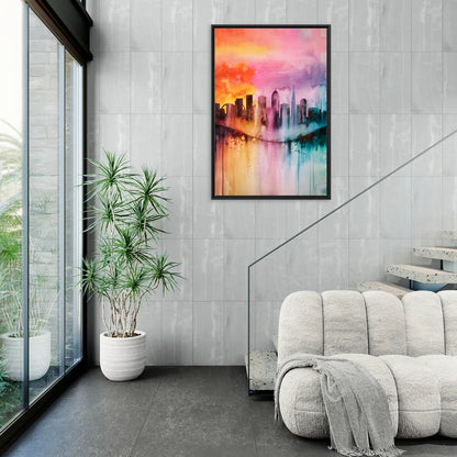 Oakland Skyline Sunset - Living Room Black Frame Canvas