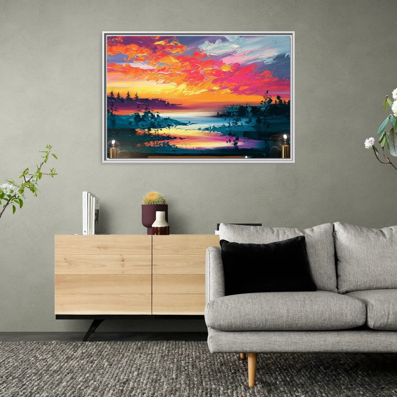 Mckinney Vibrant Sunset - Living Room White Frame Canvas