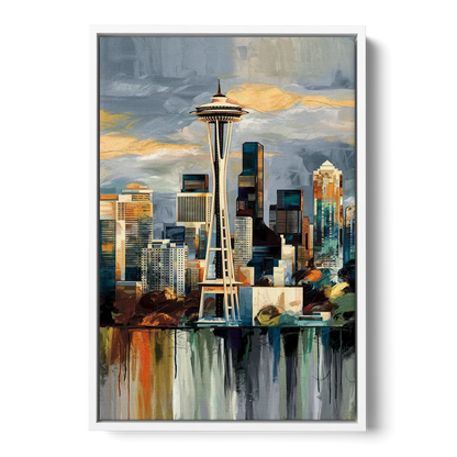 Seattle Skyline Panorama - White Frame Canvas