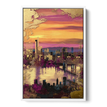 Portland Skyline Sunset - White Frame Canvas