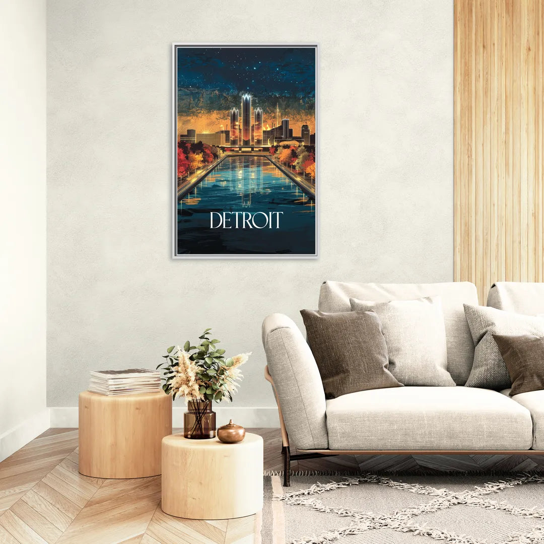Detroit Scenic Nightscape - Living Room White Frame Canvas