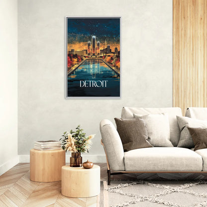 Detroit Scenic Nightscape - Living Room White Frame Canvas