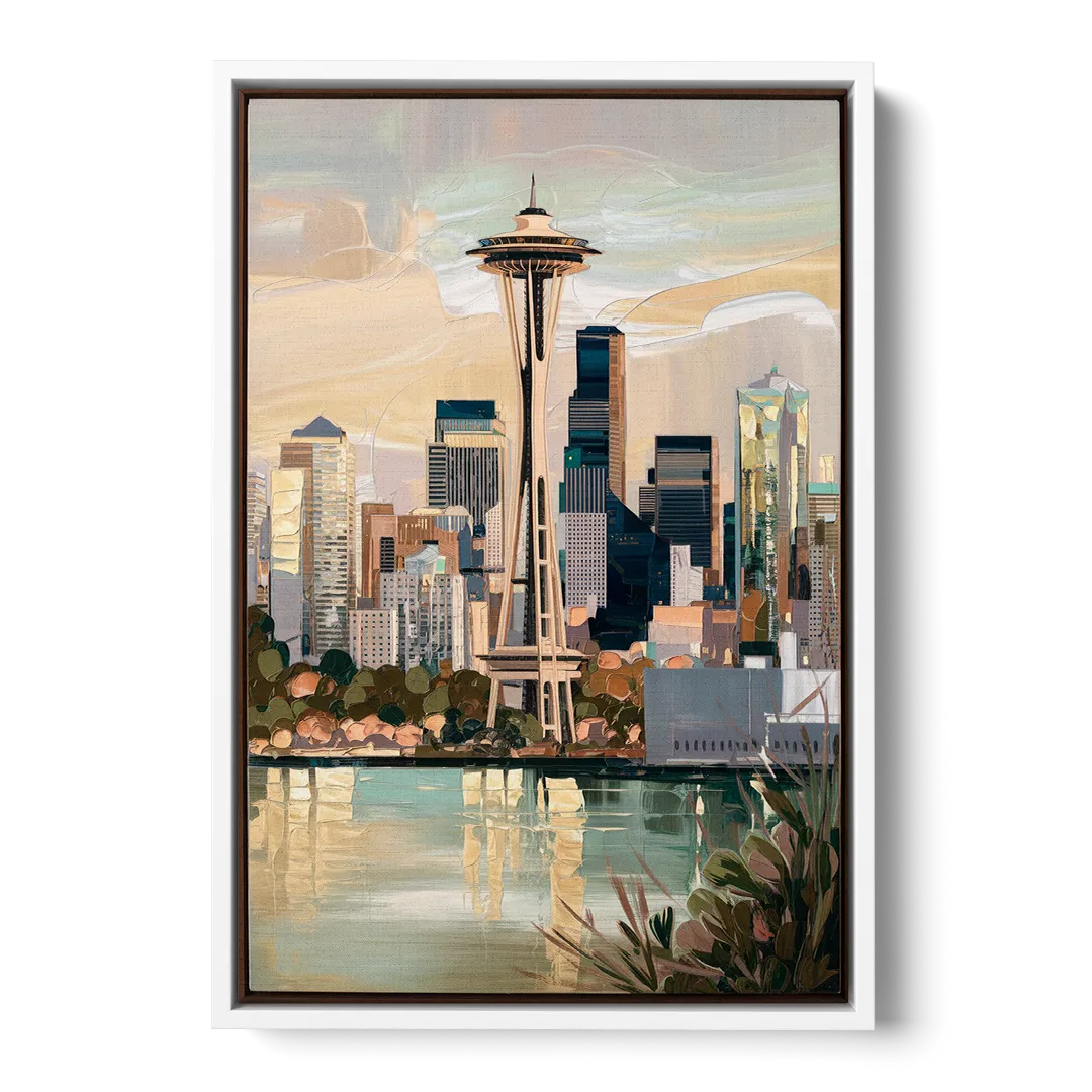 Seattle Space Needle and Cityscape - White Frame Canvas