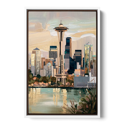 Seattle Space Needle and Cityscape - White Frame Canvas