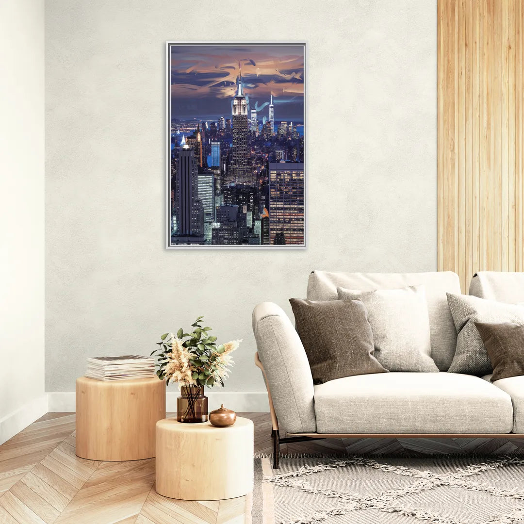 New York City Night Blue Lights Skyline - Living Room White Frame Canvas