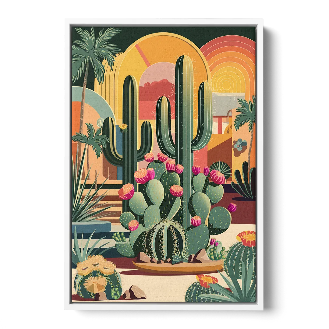 Palm Springs Colorful Cactus - White Frame Canvas