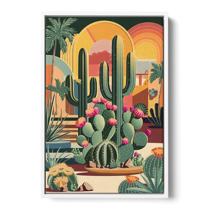 Palm Springs Colorful Cactus - White Frame Canvas