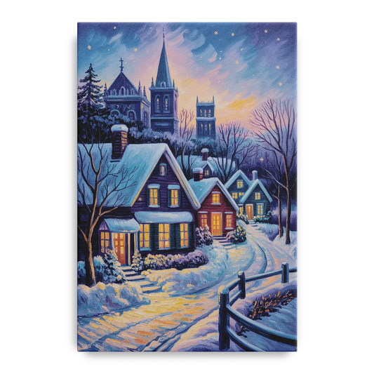 Quebec Snowy Village Scene - Canvas Wall Art