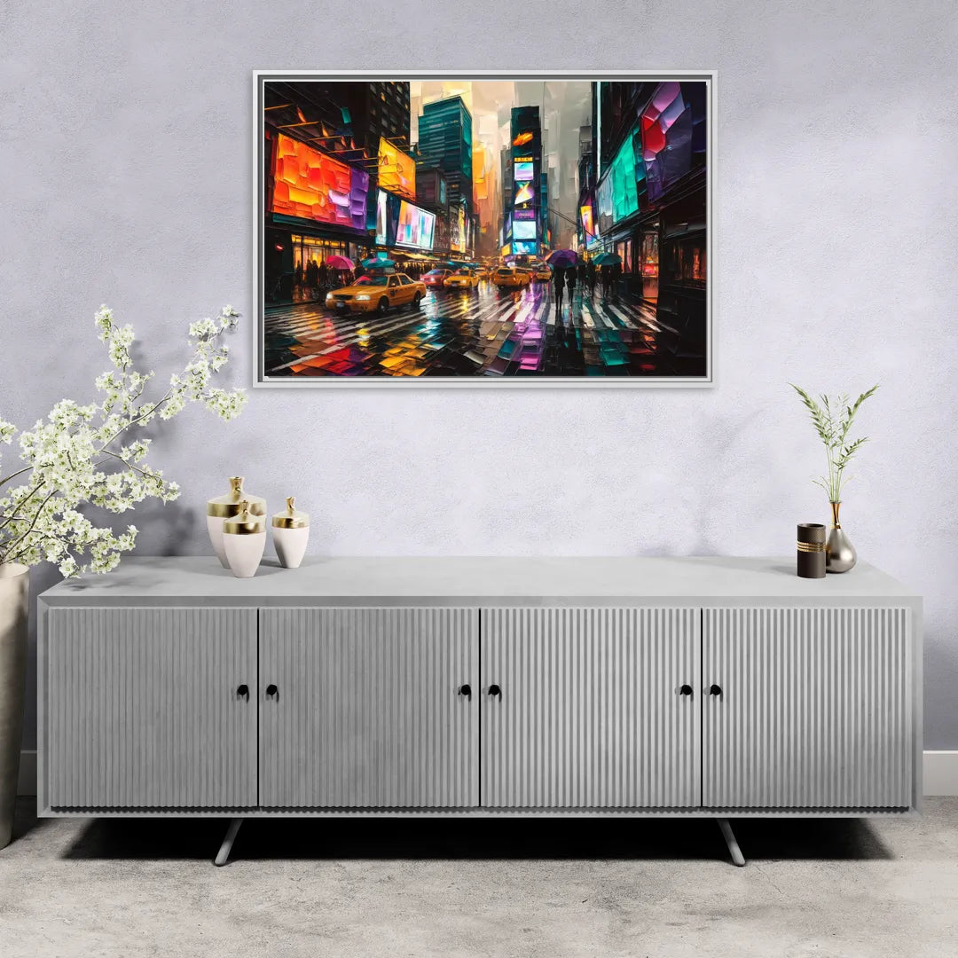 New York City Vibrant Street Scenes - Living Room White Frame Canvas