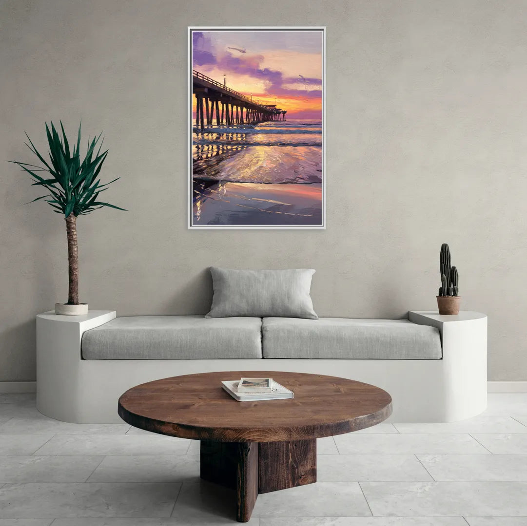 Long Beach Pier at Sunset - Living Room White Frame Canvas