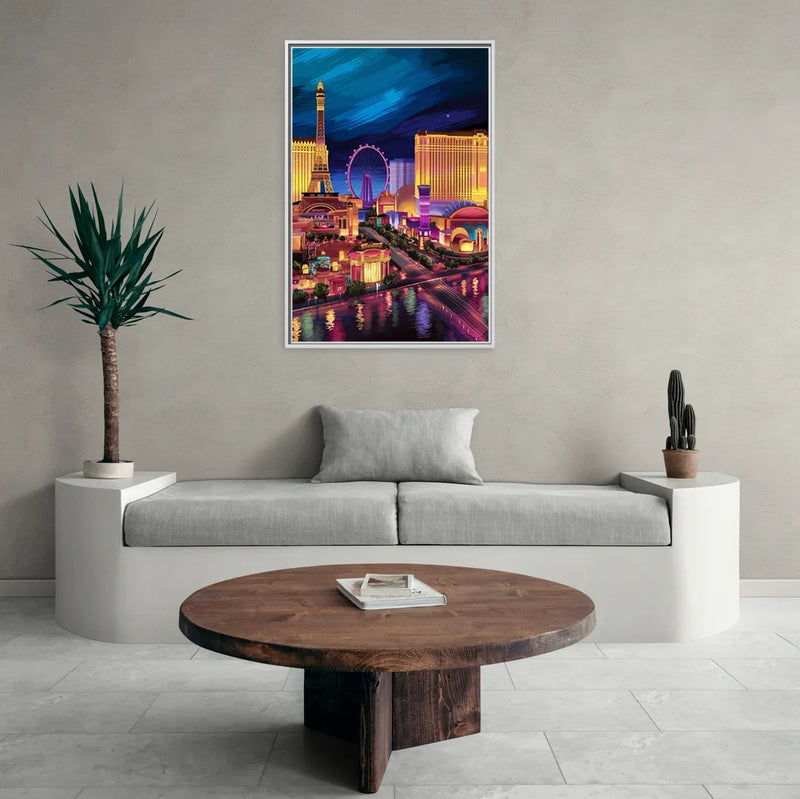 Las Vegas Skyline Panorama - Living Room White Frame Canvas