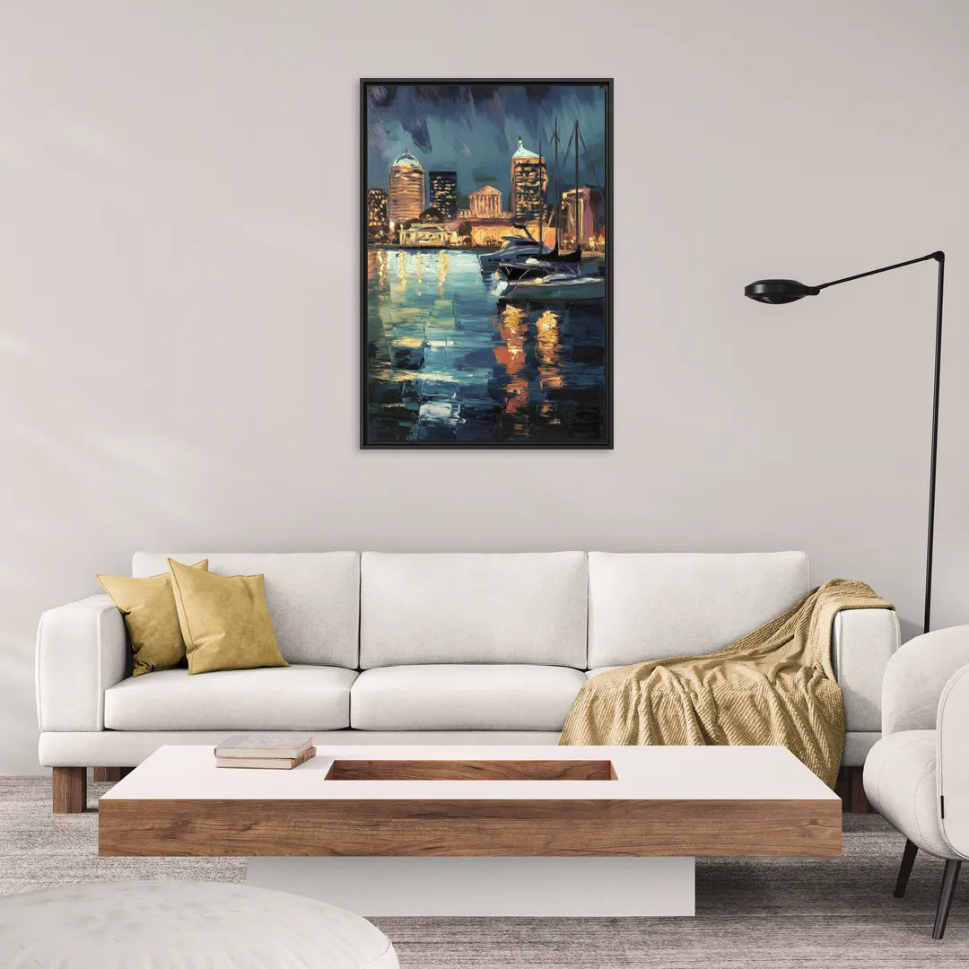 Baltimore Harbor Nightscape - Living Room Black Frame Canvas