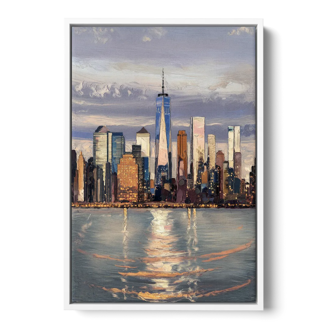 New York City Skyline Reflection - White Frame Canvas