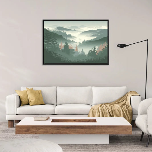 Gatlinburg Misty Mountain Landscape - Living Room Black Frame Canvas