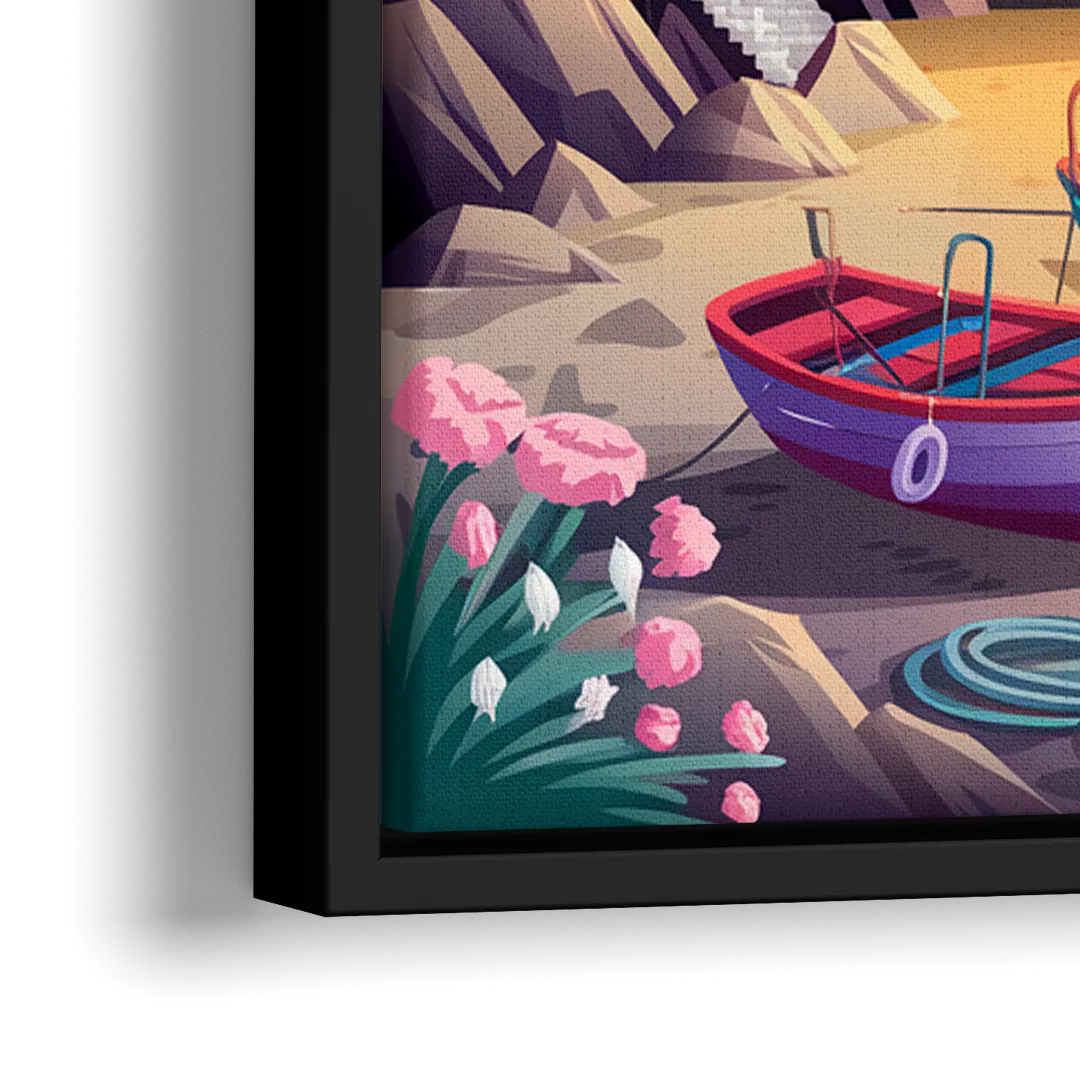 Seaside Fishing Village - Close-Up Black Frame Canvas