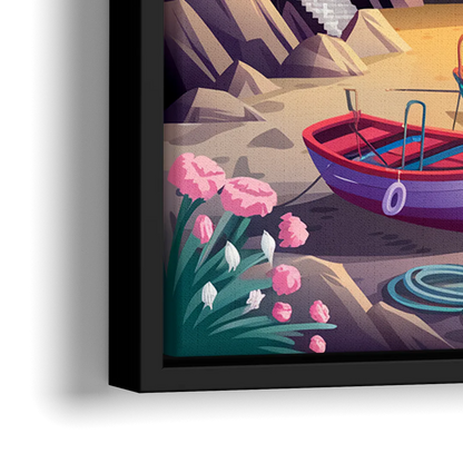 Seaside Fishing Village - Close-Up Black Frame Canvas