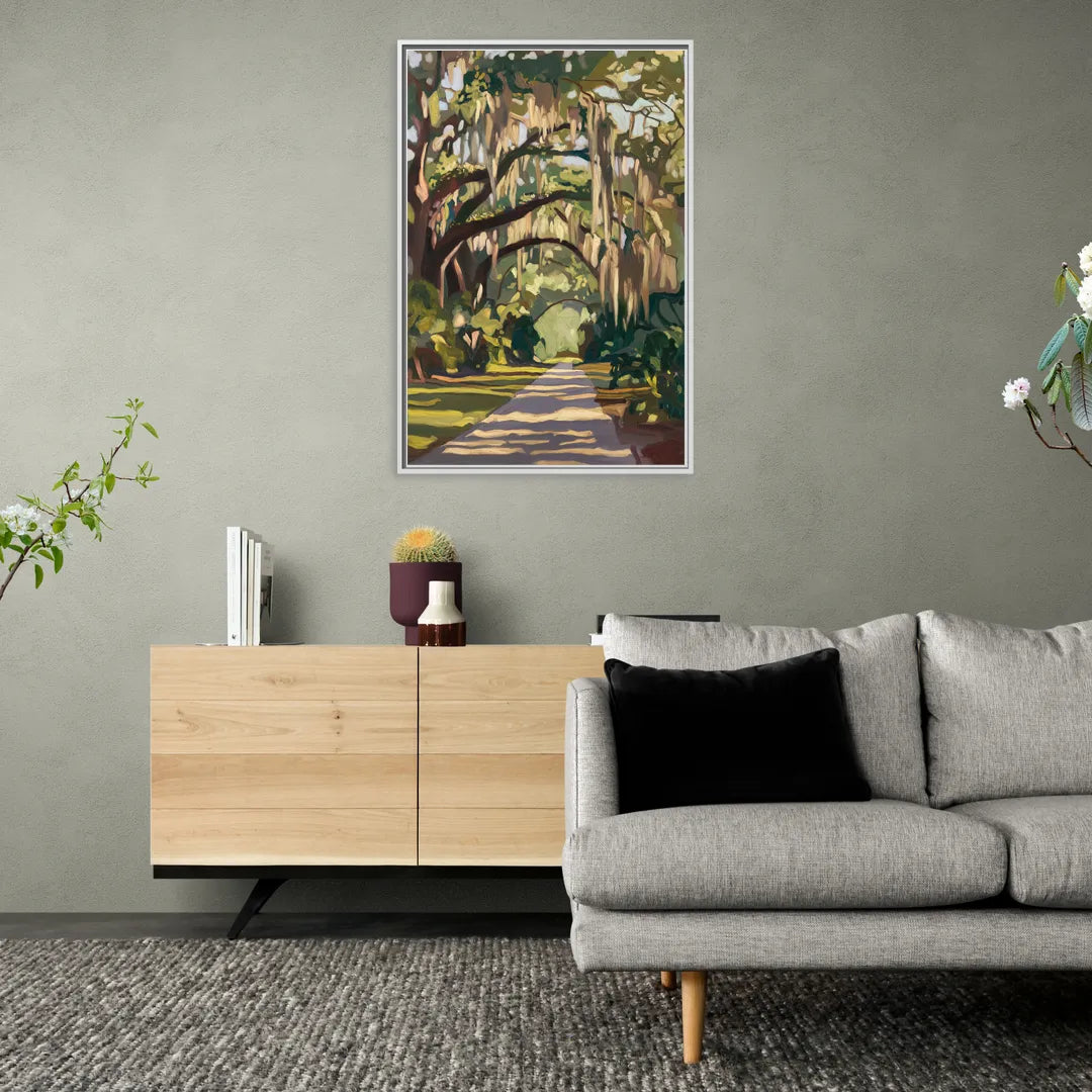 Savannah Oak Trees and Moss - Living Room White Frame Canvas