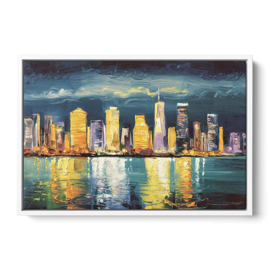 Jersey City Night Lights - White Frame Canvas