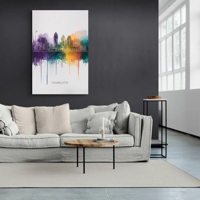 Charlotte Cityscape in Watercolor - Canvas Wall Art Living Room