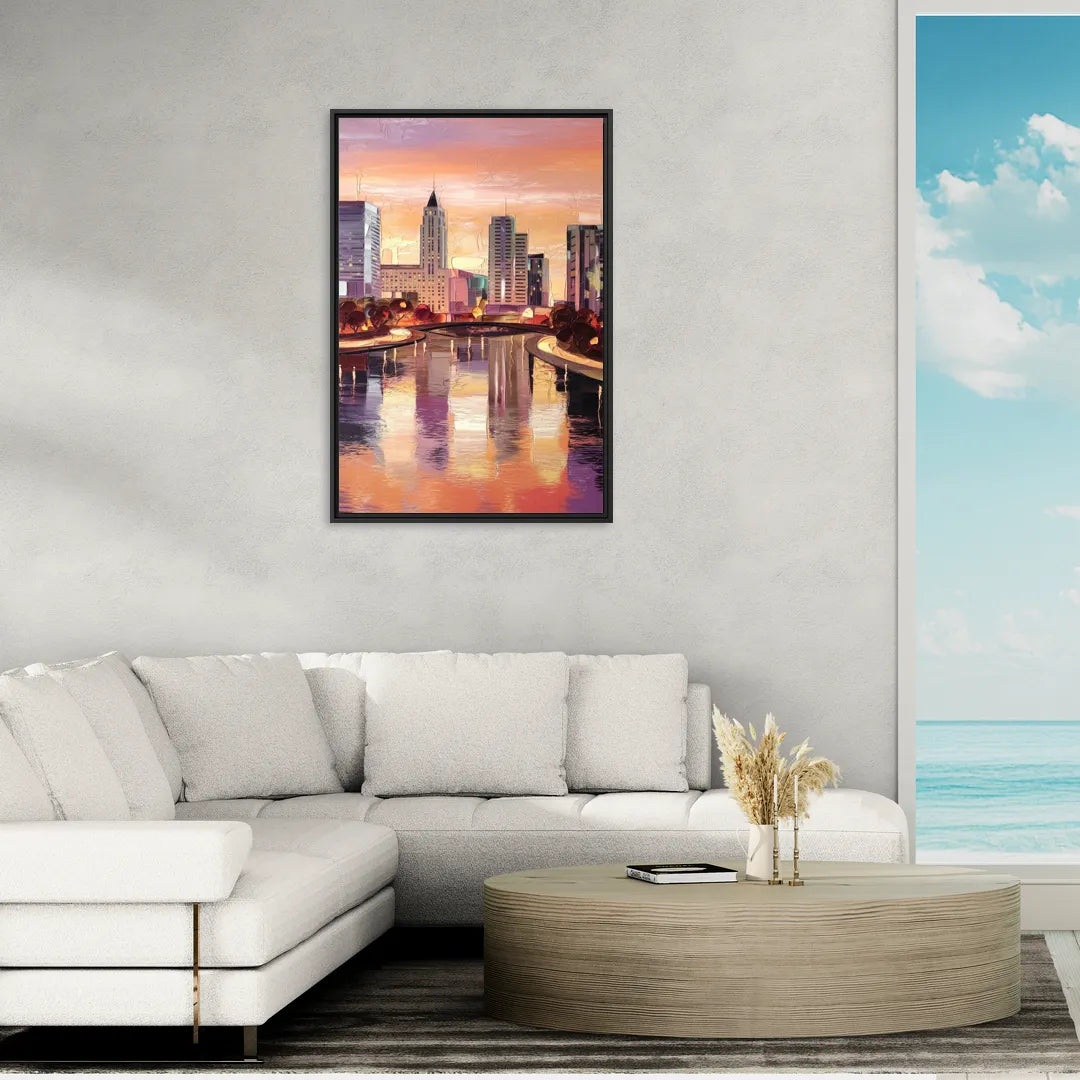 Columbus Cityscape Reflection - Living Room Black Frame Canvas