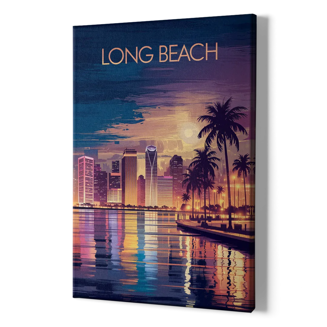 Long Beach Cityscape Evening Lights Nightscape - Canvas Print Art Sides