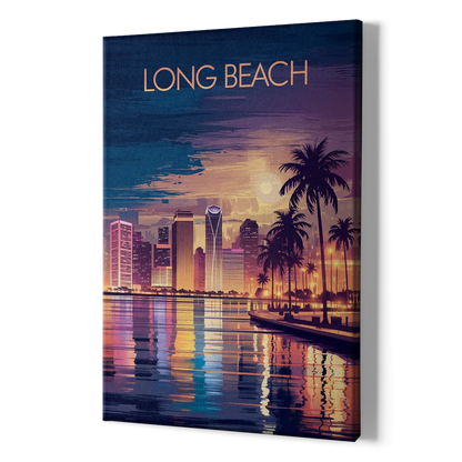 Long Beach Cityscape Evening Lights Nightscape - Canvas Print Art Sides